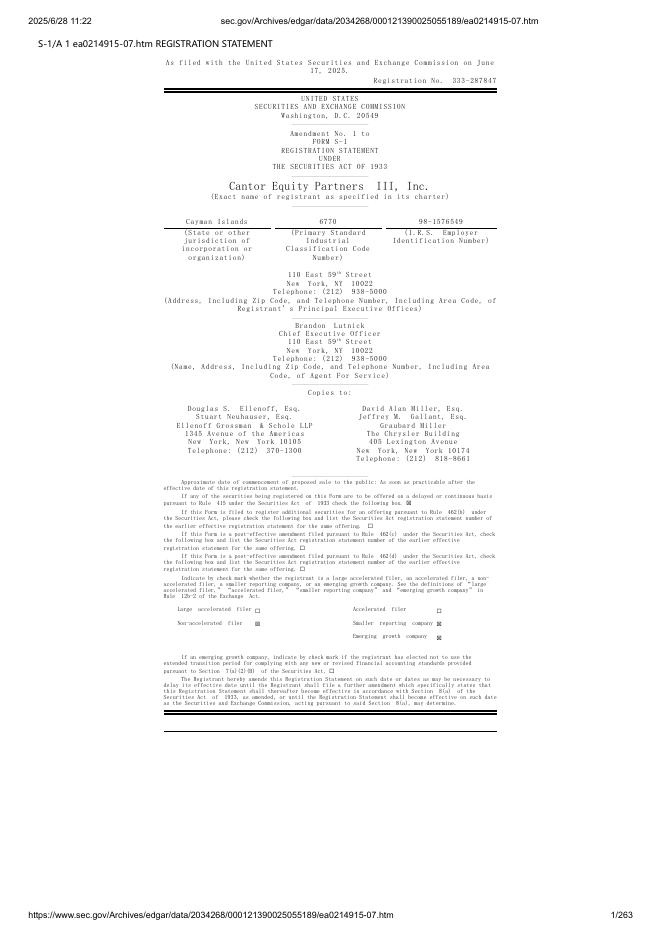 Cantor Equity Partners III, Inc.美股纳斯达克IPO上市招股说明书海报