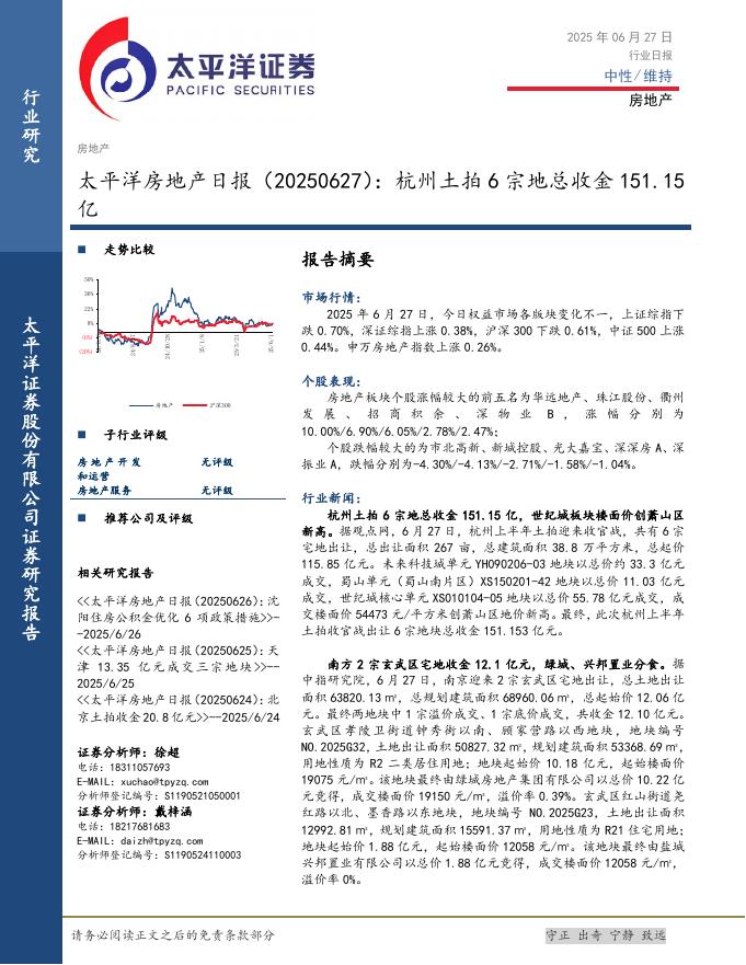 太平洋证券：房地产日报：杭州土拍6宗地总收金151.15亿海报