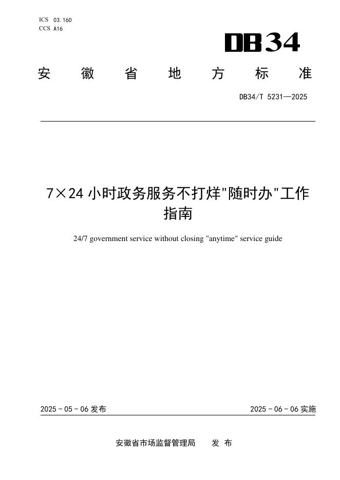 DB34/T 5231-2025 7×24小时政务服务不打烊“随时办”工作指南