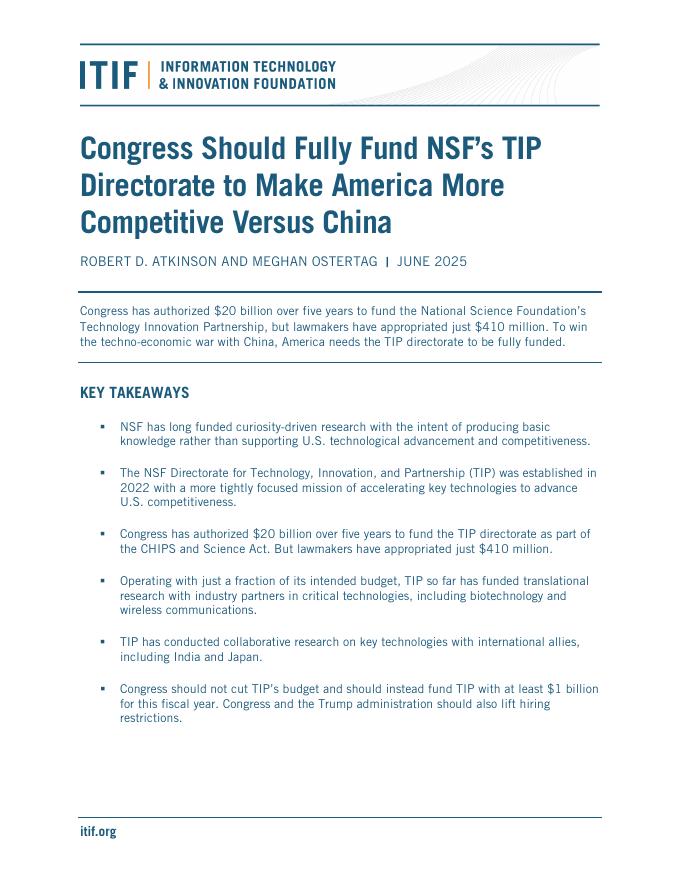 ITIF：2025年国会应全额资助NSF的TIP理事会，使美国对中国更具竞争力报告（英文版）海报