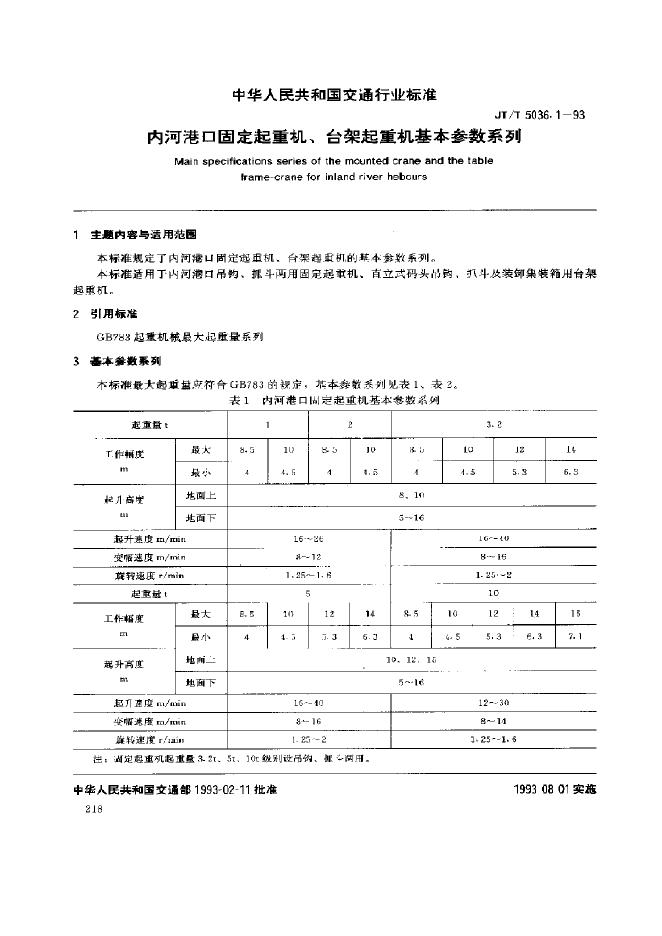 JT/T 5036.1-1993 内河港口固定起重机、台架起重机基本参数系列