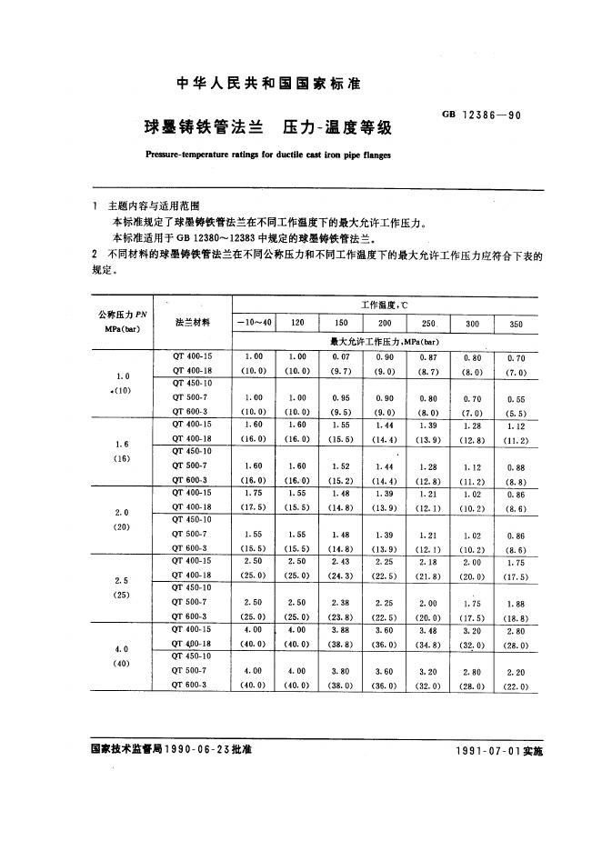 GB 12386-1990 球墨铸铁管法兰 压力-温度等级