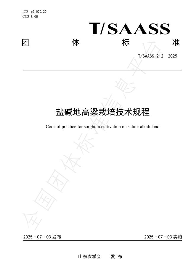 T/SAASS 212-2025 盐碱地高粱栽培技术规程