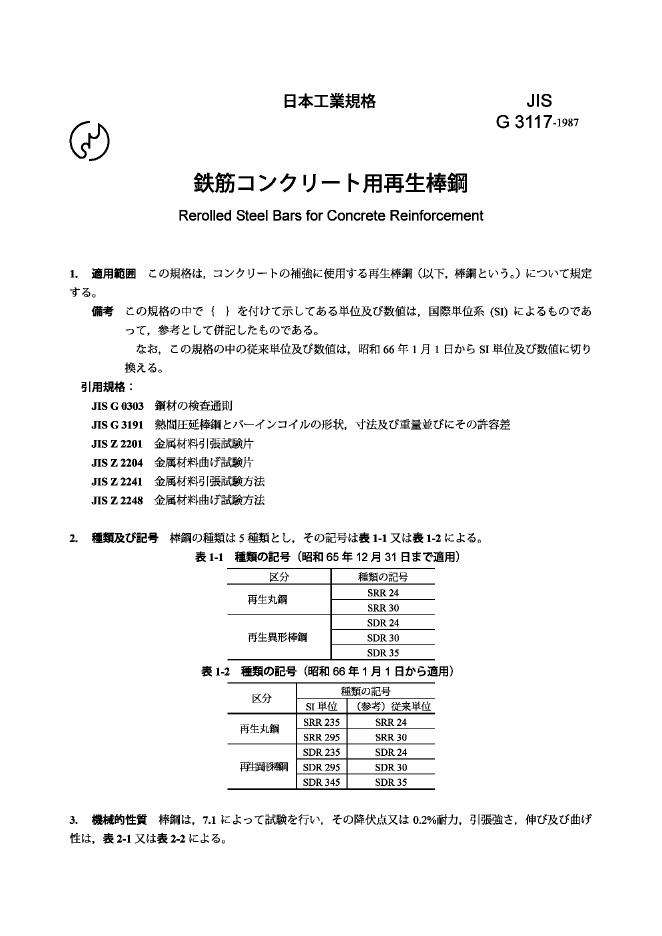 JIS G3117-1987 钢筋混凝土用再轧钢棒