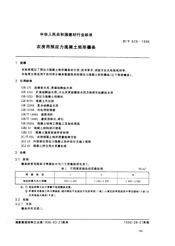 JC/T 629-1996 农房用预应力混凝土矩形檩条