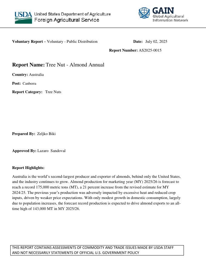美国农业部（USDA）：2025年澳大利亚杏仁市场年度报告（英文版）海报