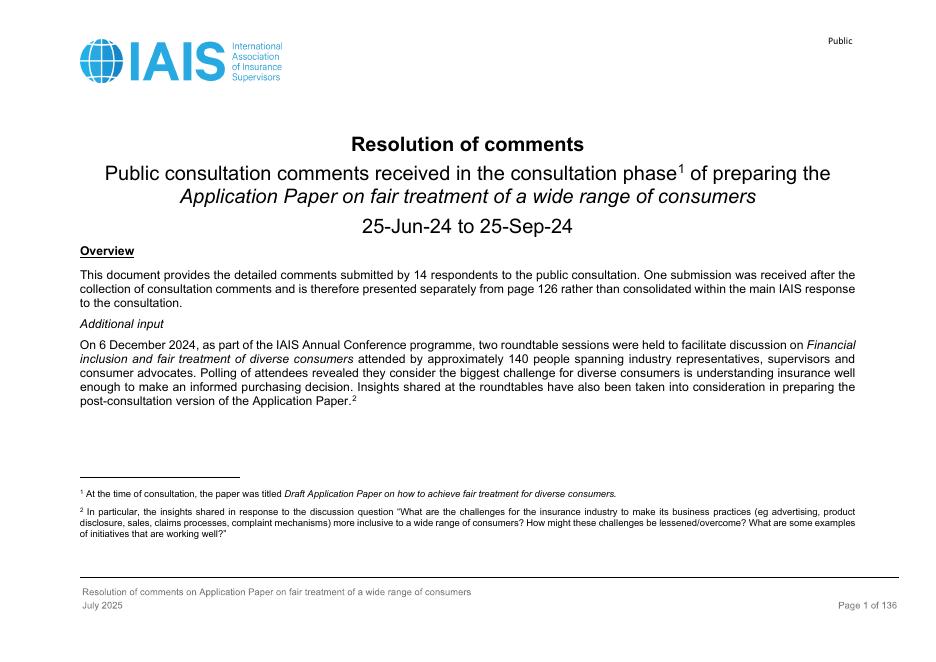 国际保险监督官协会（IAIS）：2025年在准备关于广泛消费者群体的公平对待申请文件阶段收到的公众咨询意见报告（英文版）海报