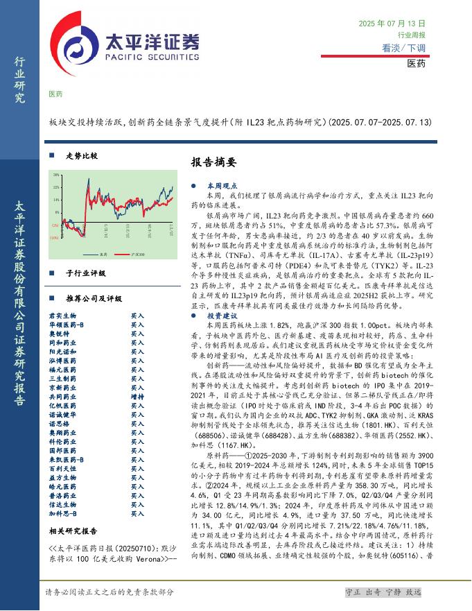 太平洋证券：医药行业周报：板块交投持续活跃，创新药全链条景气度提升（附IL23靶点药物研究）海报