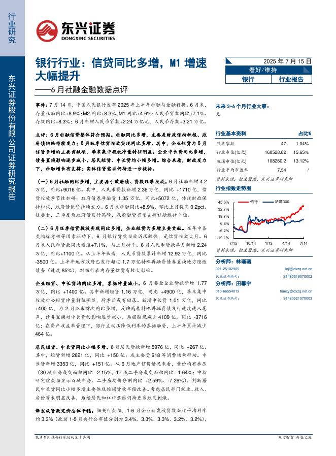 东兴证券：银行行业6月社融金融数据点评：信贷同比多增，M1增速大幅提升海报