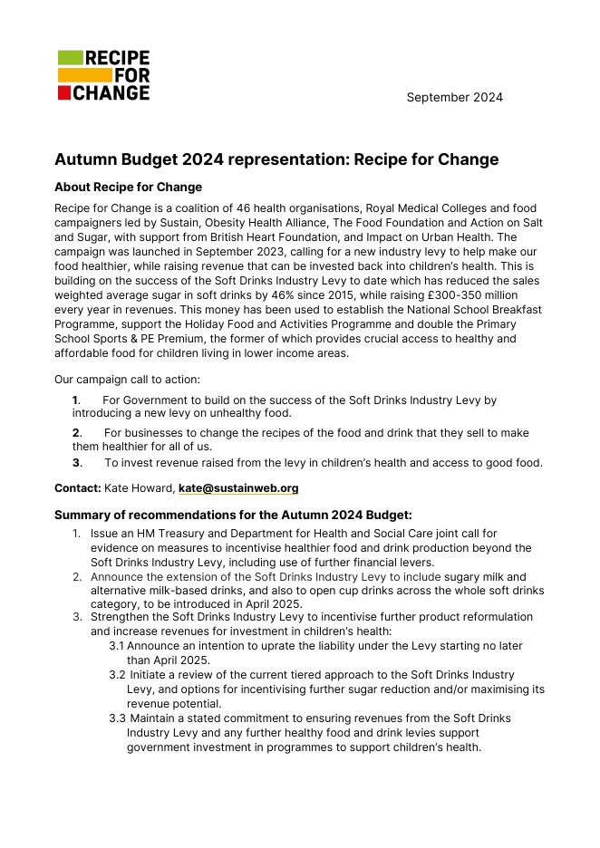 sustain：2024年秋季预算陈述：变革的食谱报告（英文版）海报