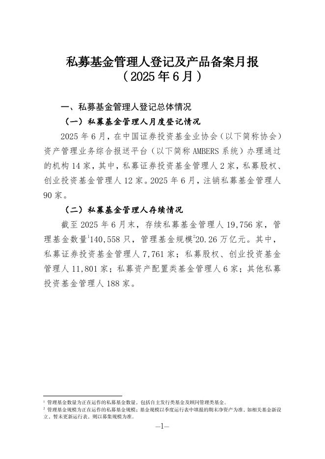 中国证券投资基金业协会：私募基金管理人登记及产品备案月报（2025年6月）海报