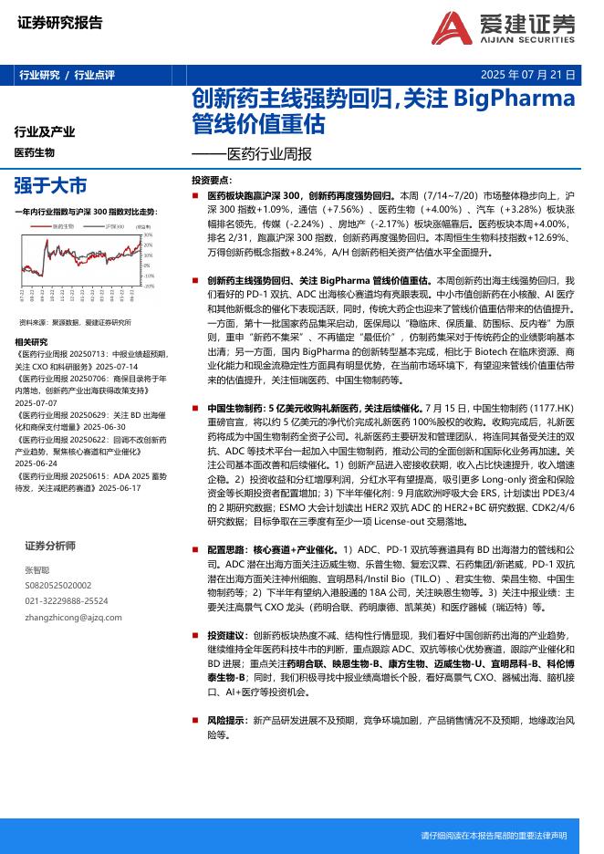 爱建证券：医药行业周报：创新药主线强势回归，关注BigPharma管线价值重估海报