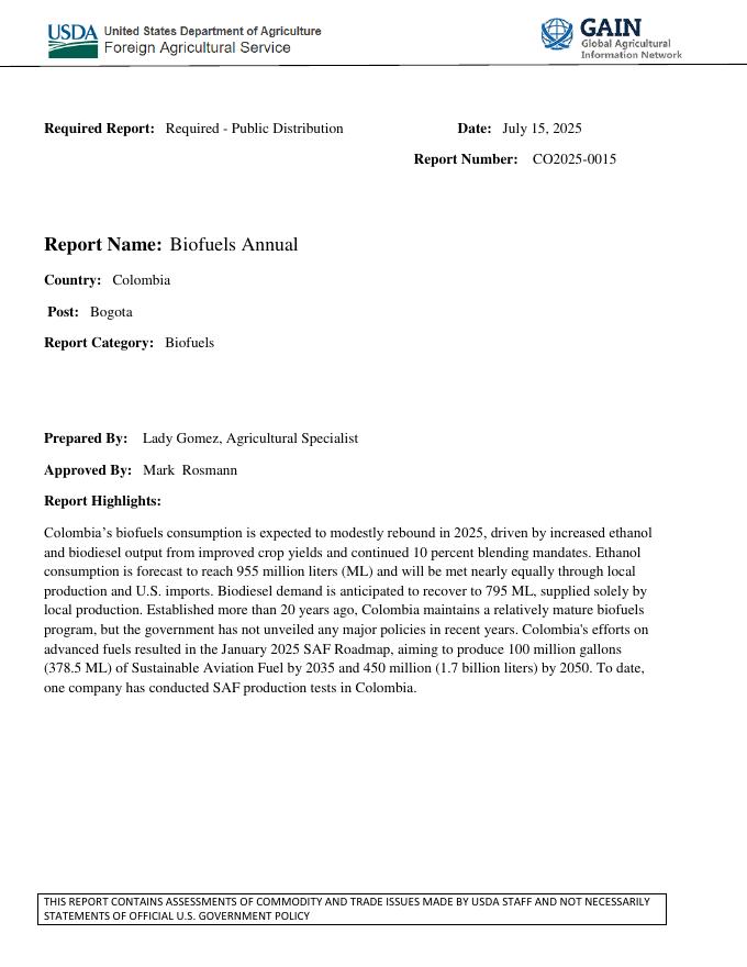 美国农业部（USDA）：2025年哥伦比亚生物燃料市场年度报告（英文版）海报