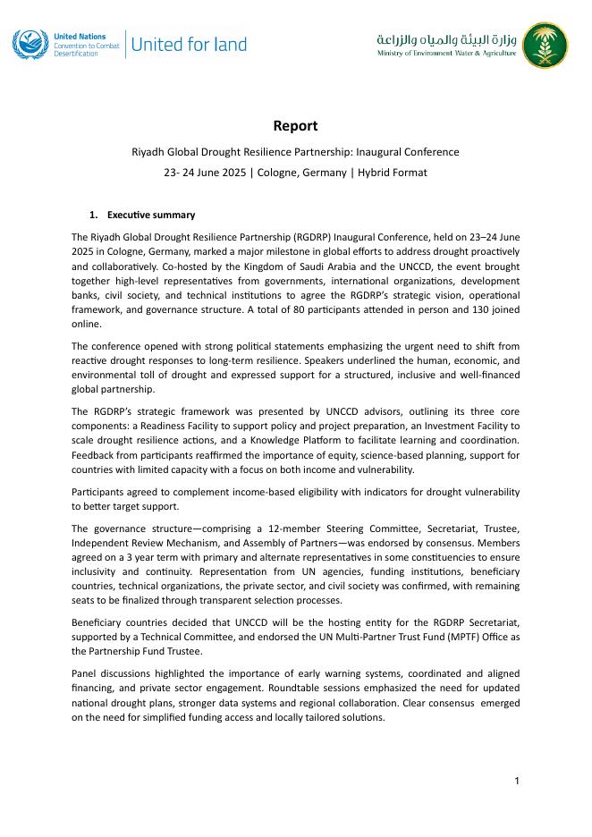 UNCCD联合国防治荒漠化公约：2025年利雅得全球干旱韧性合作伙伴关系：首届会议报告（英文版）海报