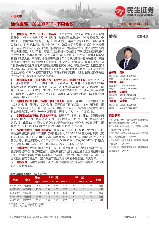 民生证券：石化周报：油价震荡，关注OPEC+下周会议海报