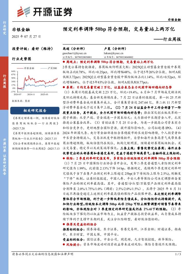 开源证券：非银金融行业周报：预定利率调降50bp符合预期，交易量站上两万亿海报