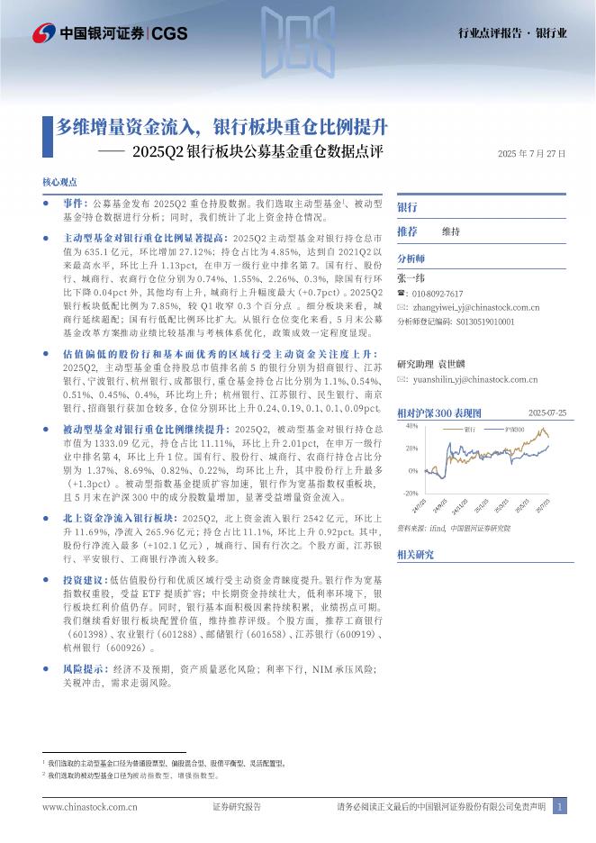 中国银河：2025Q2银行板块公募基金重仓数据点评：多维增量资金流入，银行板块重仓比例提升海报