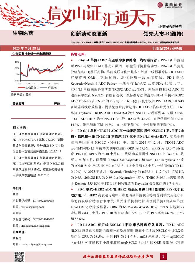 山西证券：创新药动态更新：PD-(L)1+ADC：PD-(L)1单抗+国产TROP2、HER2ADC有望迭代肿瘤一线疗法，PD-L1ADC提供免疫耐药新选择海报