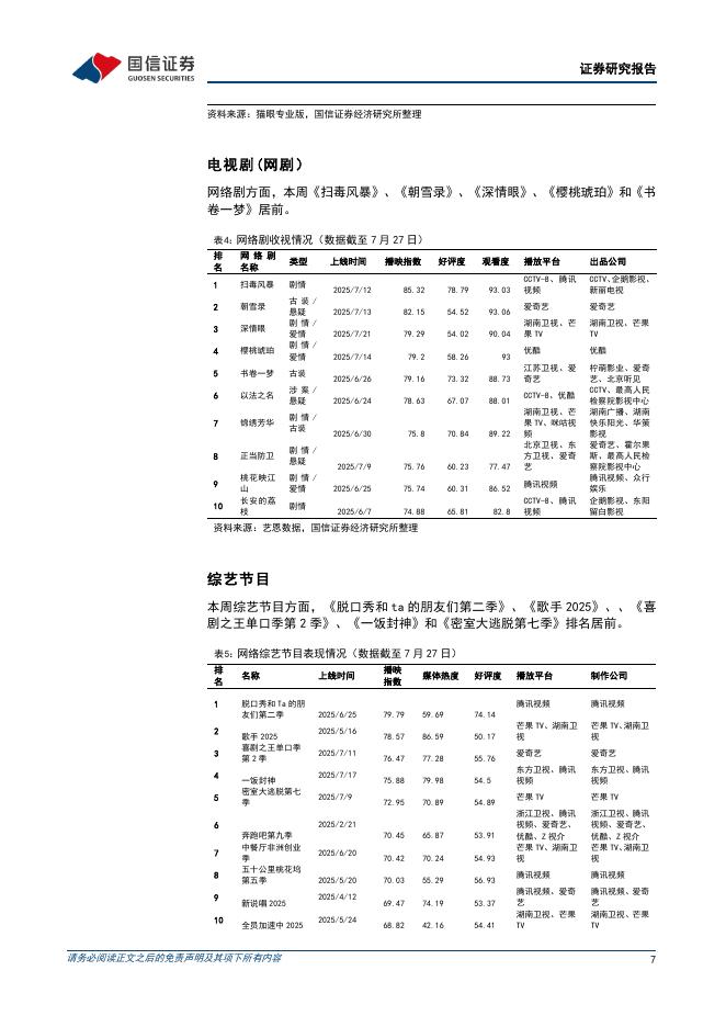 国信证券：传媒互联网行业周报：2025世界人工智能大会规模创新高，暑期档票房回暖_第7页