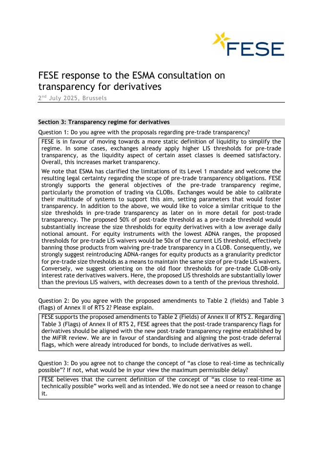 FESE：2025年对ESMA衍生品透明度咨询的回应报告（英文版）