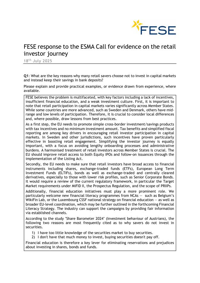 FESE：2025年对ESMA关于零售投资者旅程的证据收集的回应报告（英文版）海报