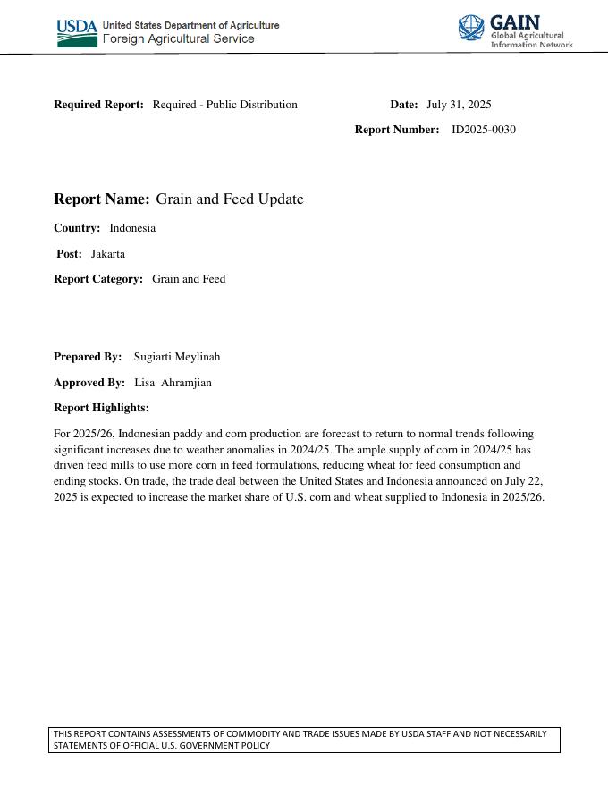 美国农业部（USDA）：2025年印度尼西亚谷物与饲料市场年度报告（英文版）海报