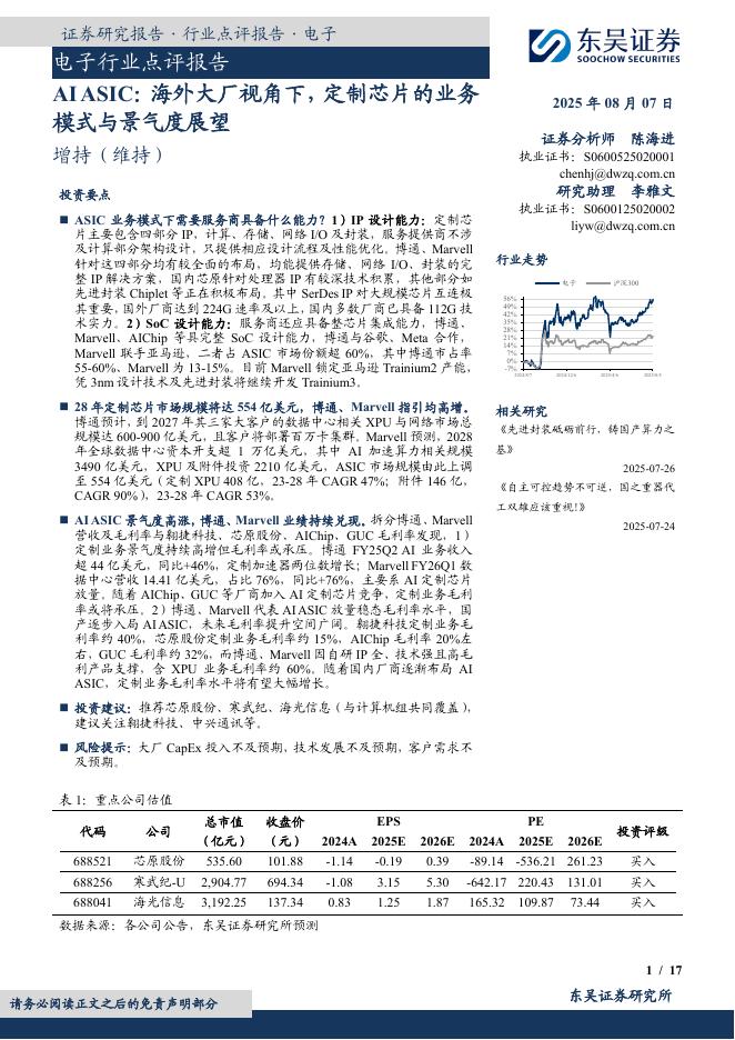 东吴证券：电子行业点评报告：AIASIC：海外大厂视角下，定制芯片的业务模式与景气度展望海报