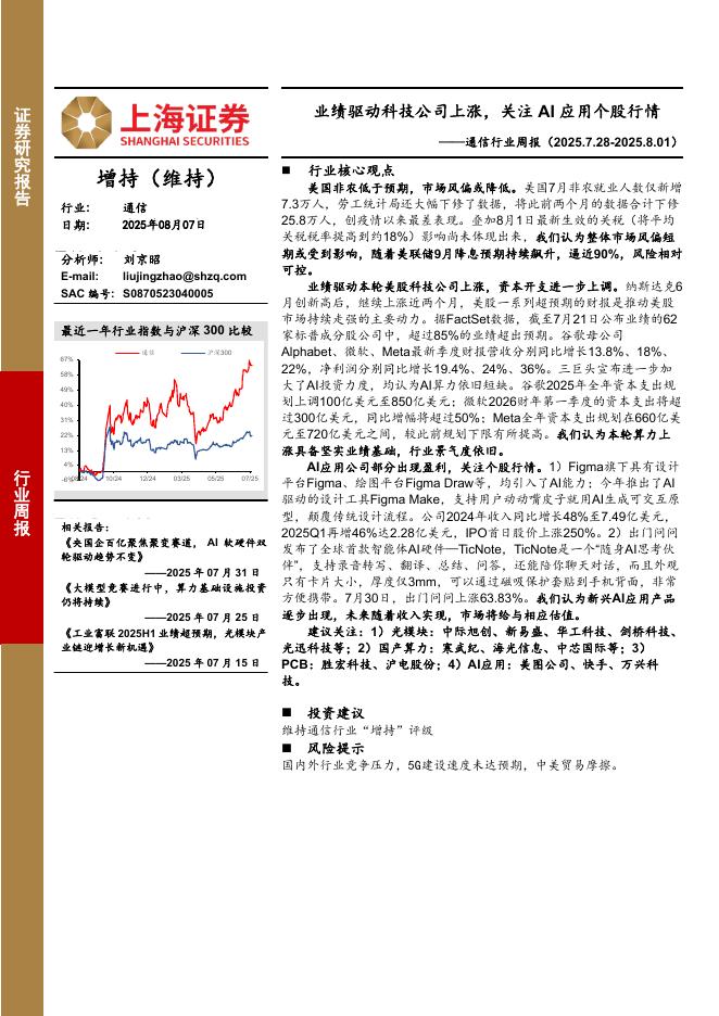 上海证券：通信行业周报：业绩驱动科技公司上涨，关注AI应用个股行情海报
