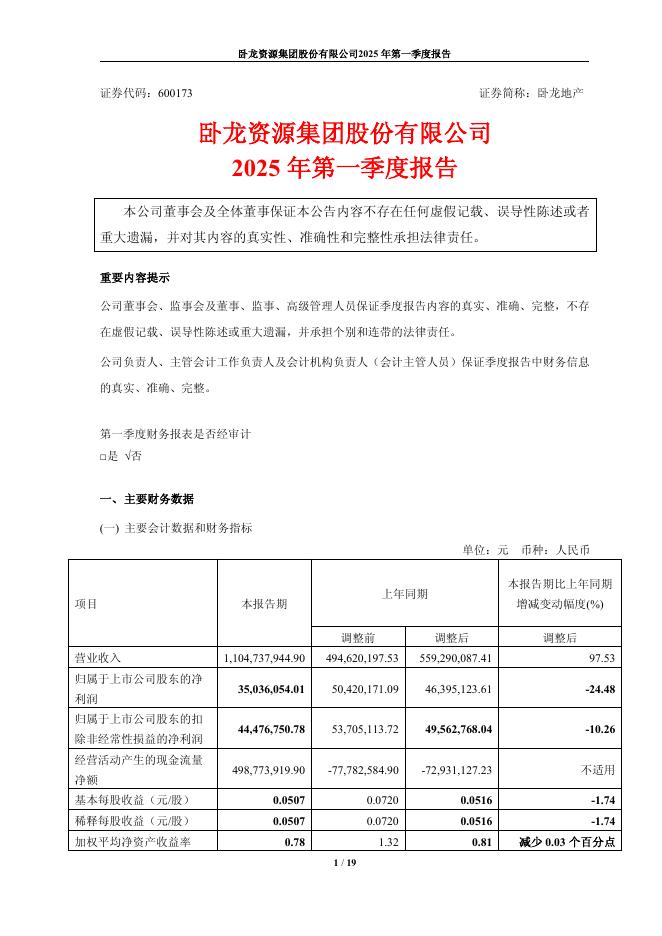 600173-卧龙新能：卧龙资源集团股份有限公司2025年第一季度报告(更正后)