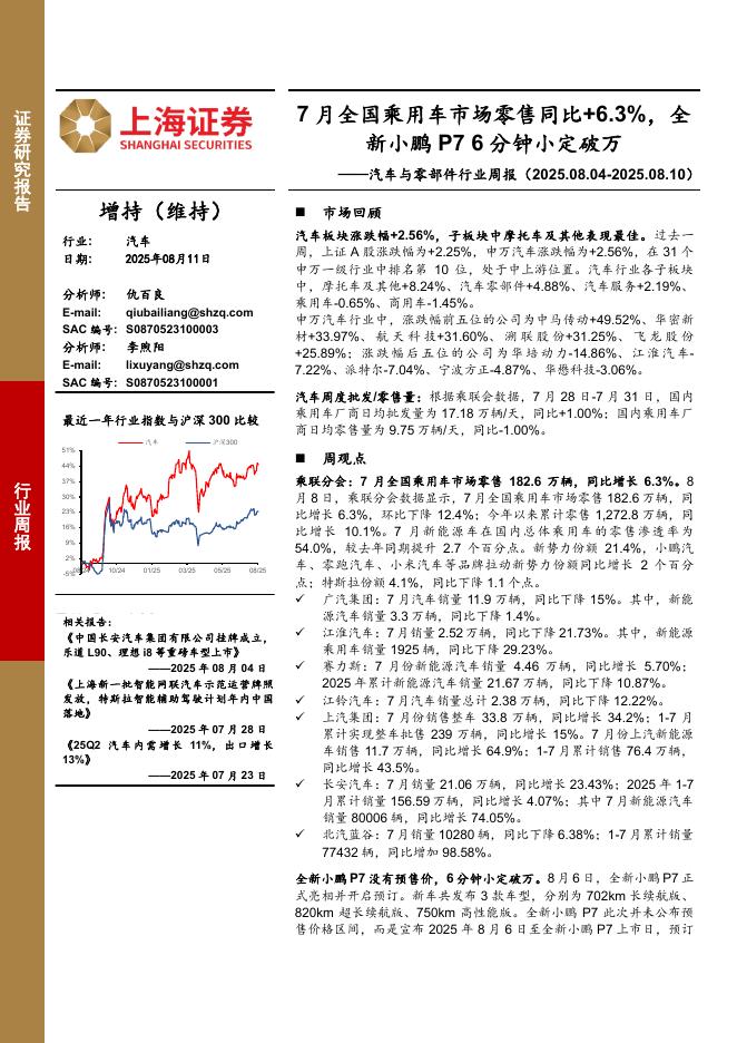 上海证券：汽车与零部件行业周报：7月全国乘用车市场零售同比+6.3%，全新小鹏P76分钟小定破万海报