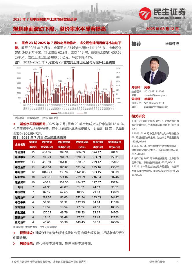民生证券：2025年7月中国房地产土地市场数据点评：规划建面波动下降，溢价率水平显著提高