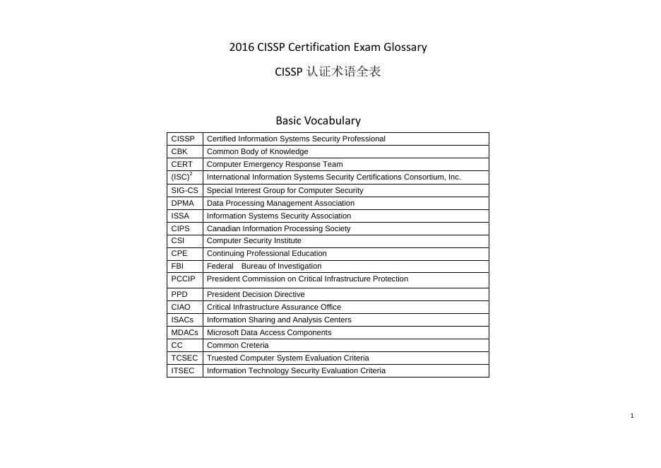 CISSP认证术语全表（2016年新版中文考生必备）