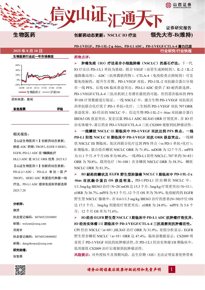 山西证券：创新药动态更新：NSCLCIO疗法：PD-1/VEGF、PD-1/IL-2α-bias、PD-L1ADC、PD-1/VEGF/CTLA-4潜力已现海报