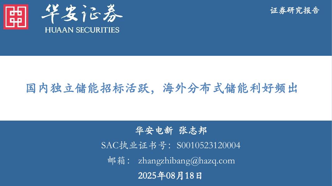 华安证券：国内独立储能招标活跃，海外分布式储能利好频出海报