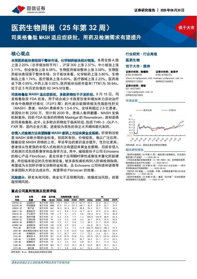 国信证券：医药生物行业周报（25年第32周）：司美格鲁肽MASH适应症获批，用药及检测需求有望提升海报