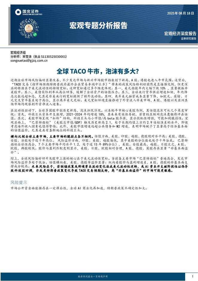 国金证券：宏观专题分析报告：全球TACO牛市，泡沫有多大？海报