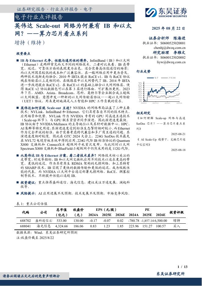东吴证券：电子行业点评报告：算力芯片看点系列-英伟达Scale-out网络为何兼有IB和以太网？海报