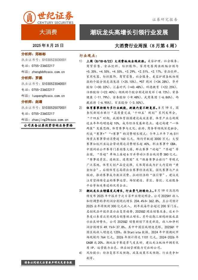 世纪证券：大消费行业周报（8月第4周）：潮玩龙头高增长引领行业发展海报