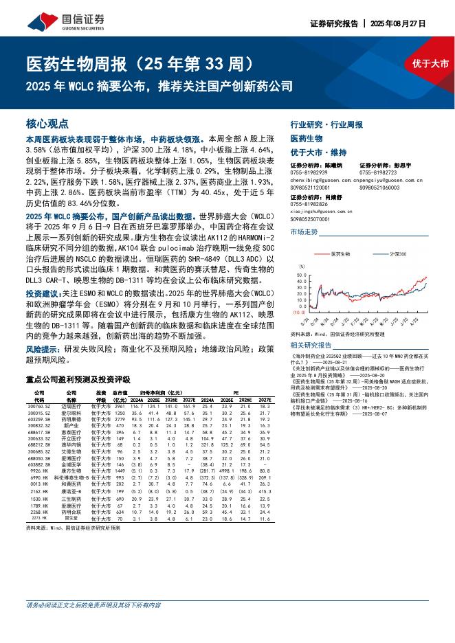 国信证券：医药生物行业周报（25年第33周）：2025年WCLC摘要公布，推荐关注国产创新药公司海报