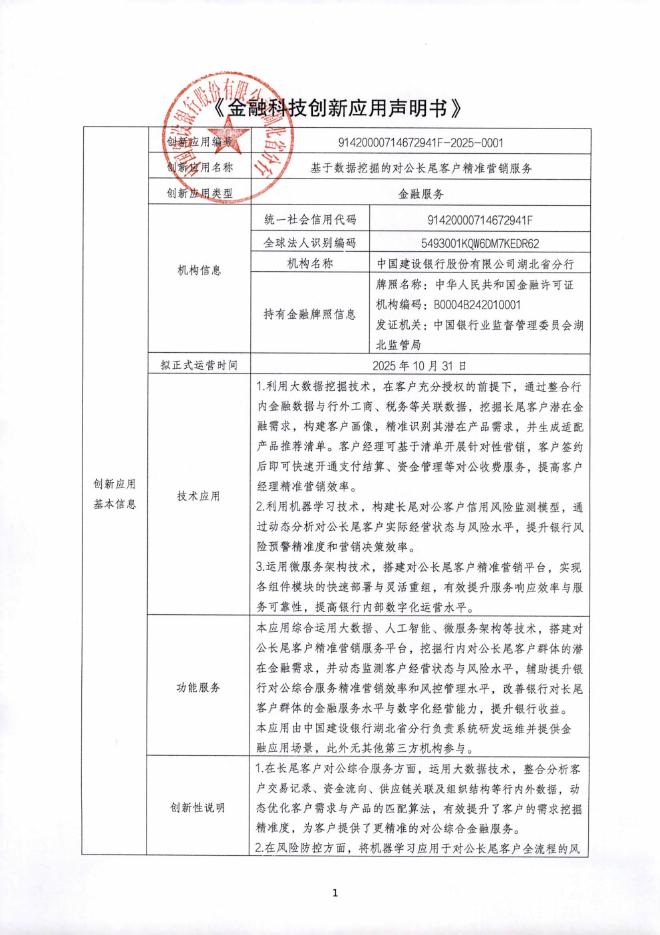 金融科技创新应用声明书：基于数据挖掘的对公长尾客户精准营销服务海报