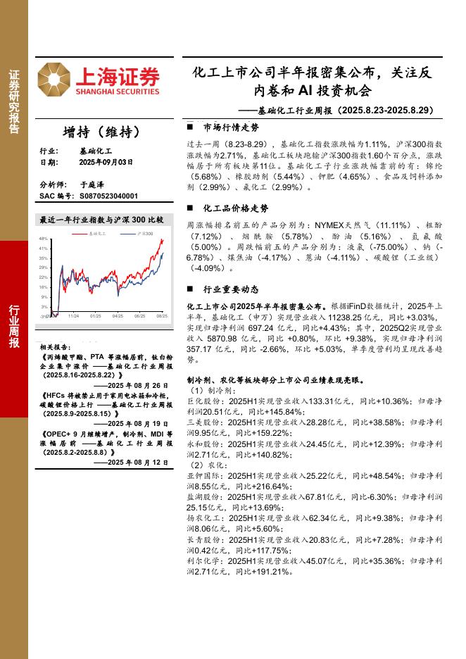 上海证券：基础化工行业周报：化工上市公司半年报密集公布，关注反内卷和AI投资机会海报