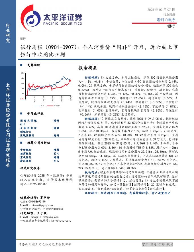 太平洋证券：银行业周报：个人消费贷“国补”开启，近六成上市银行中收同比正增海报