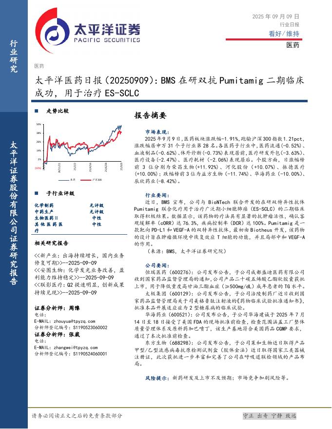 太平洋证券：医药日报：BMS在研双抗Pumitamig二期临床成功，用于治疗ES-SCLC海报