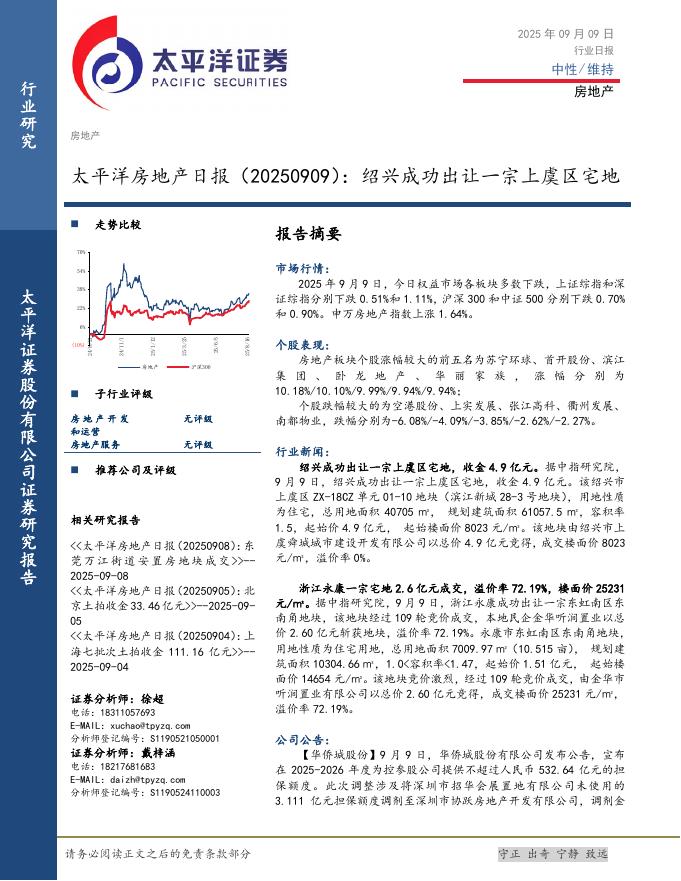 太平洋证券：房地产日报：绍兴成功出让一宗上虞区宅地海报