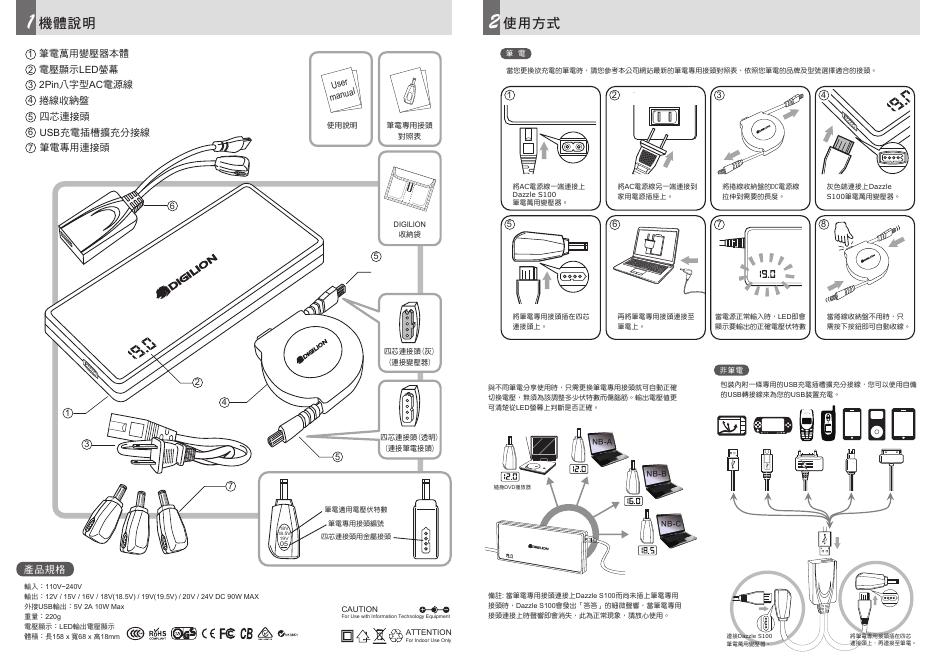 DIGILION DAZZLE S100筆記型電腦萬用變壓器 使用说明