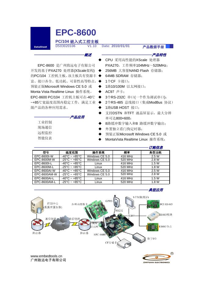 广州致远电子有限公司 EPC-8600 PC/104 嵌入式工控主板 使用说明书