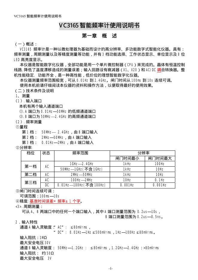 VC3165智能频率计 使用说明书