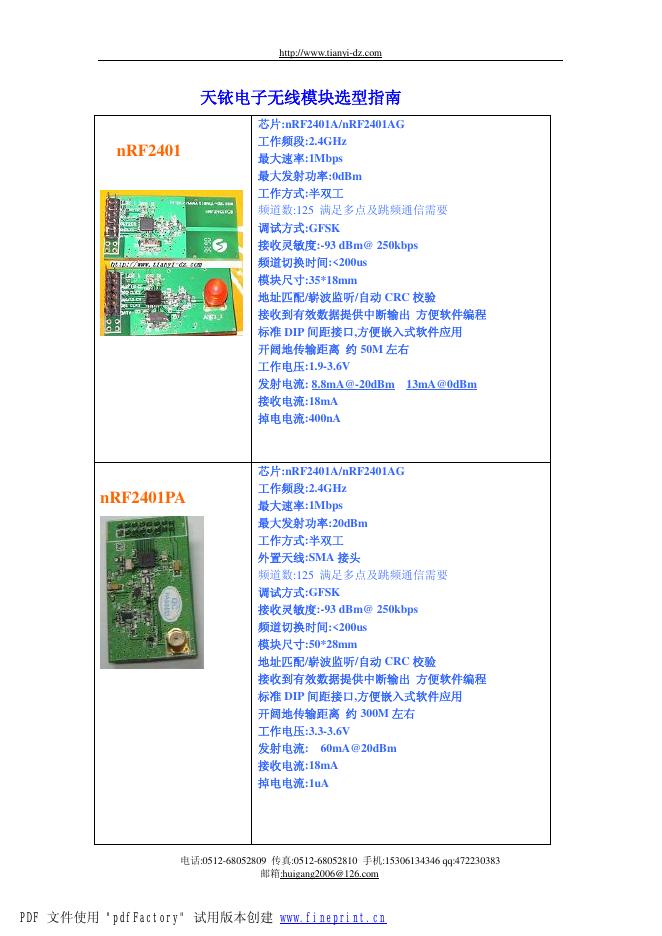 天铱电子无线模块选型指南 说明书