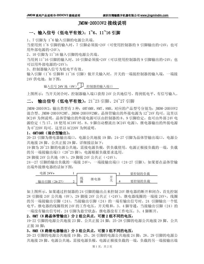 深圳市精敏数字机器有限公司  JMDM-20DIOV2 接线说明书
