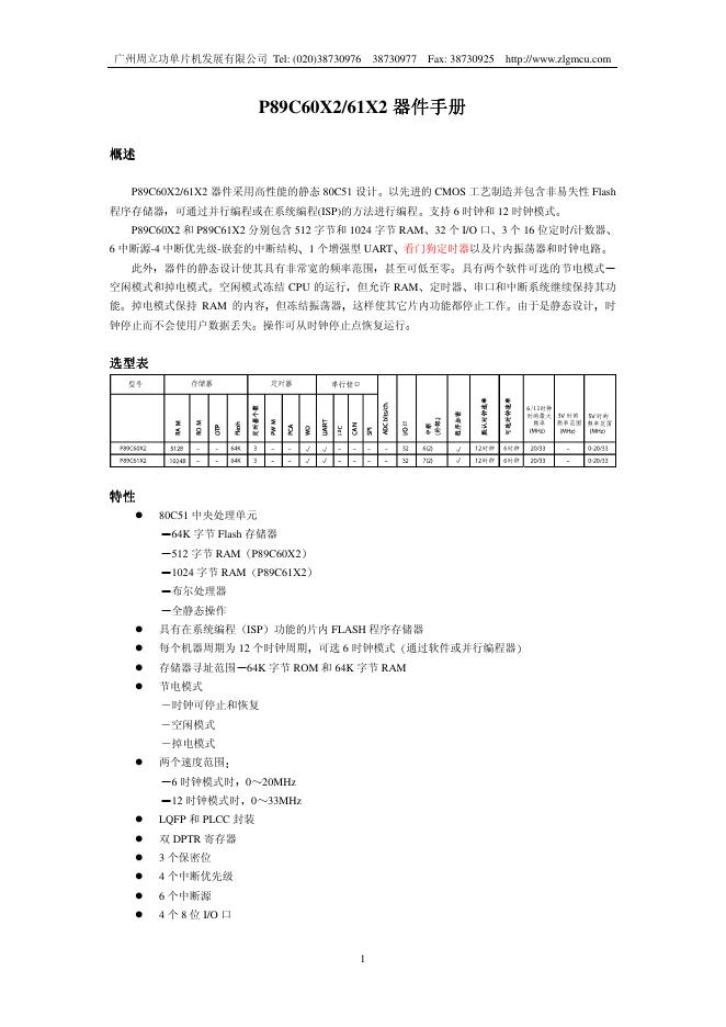 广州周立功单片机发展有限公司 P89C60X2/61X2器件手册 说明书